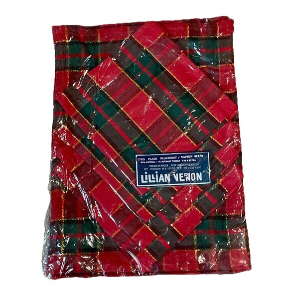 Vintage Lillian Vernon Holiday Plaid Placemats & Cloth Napkins Red Set Of 4 NOS - Picture 1 of 7